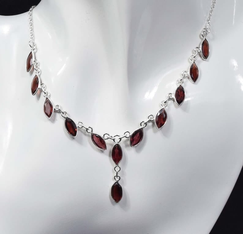 Cut Red Garnet 925 Sterling Silver Necklace