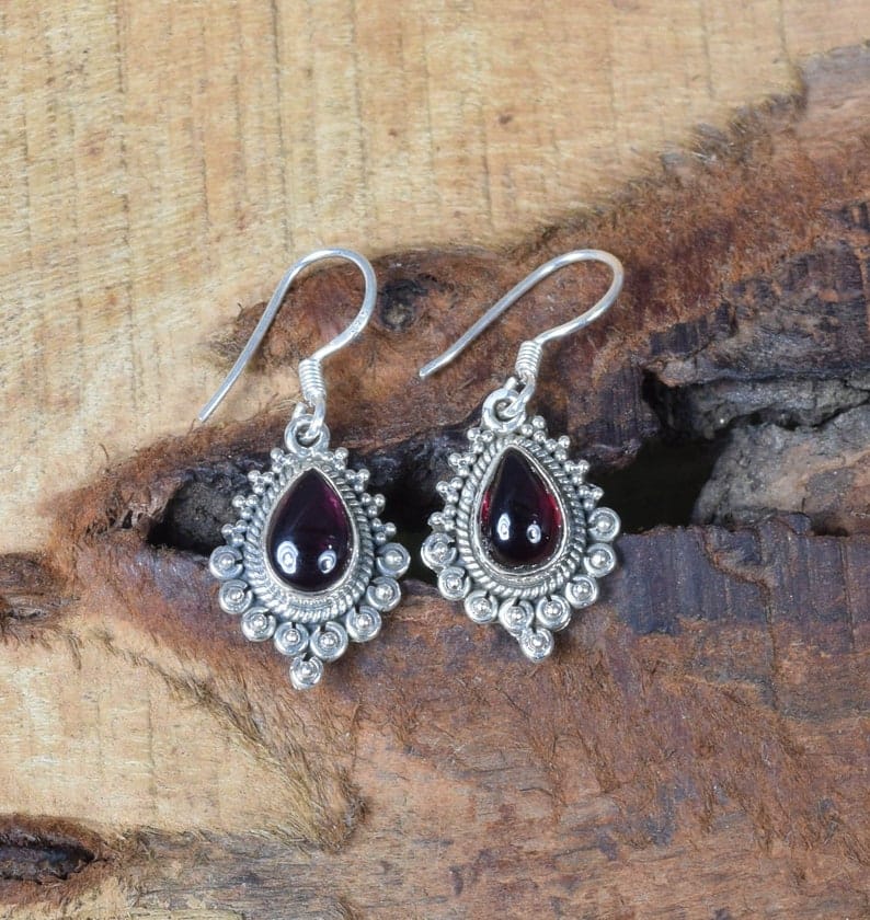 Red Garnet Hook 925 Sterling Silver Earring