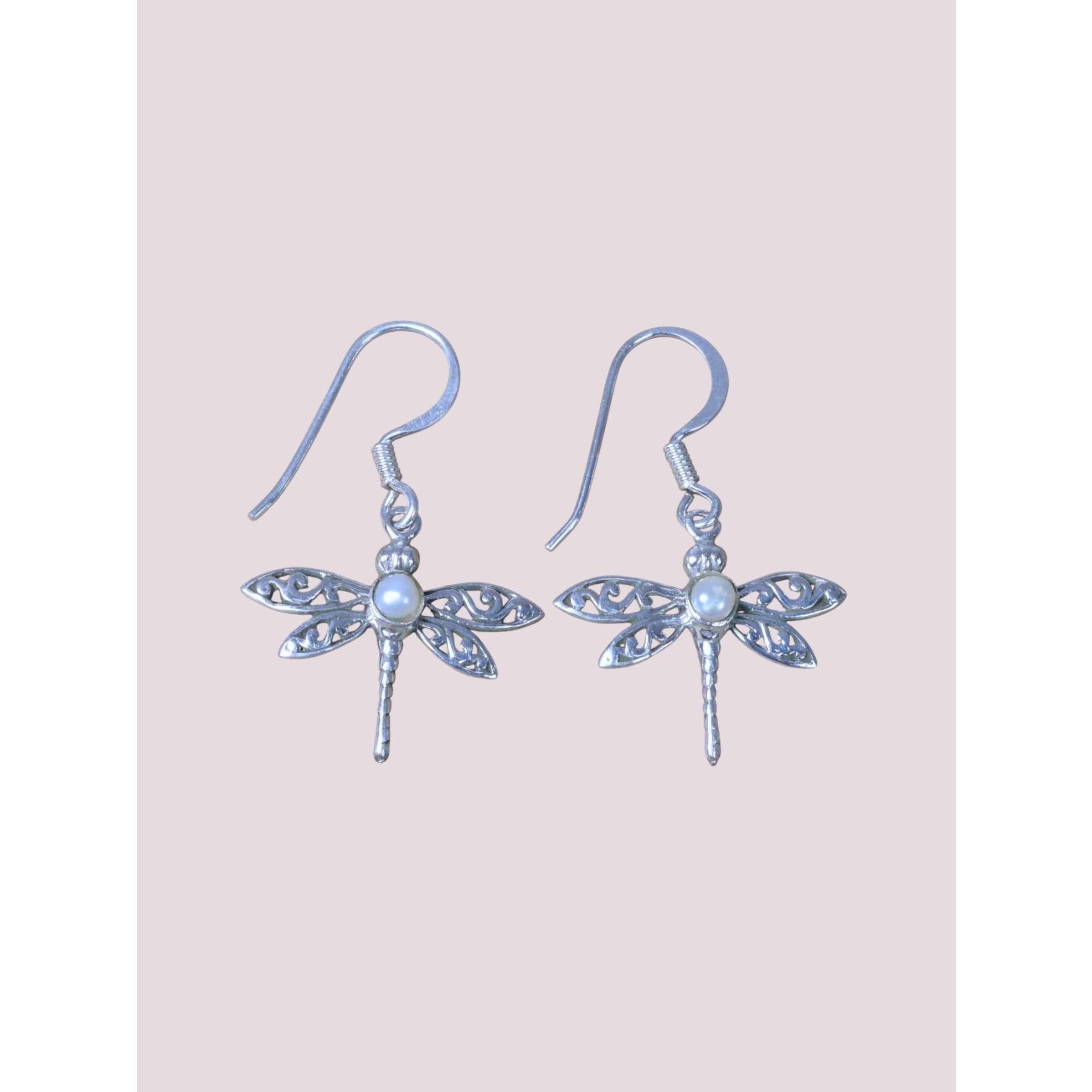 925 Sterling Silver Natural Gemstone DrangonFly Design Hook Earring