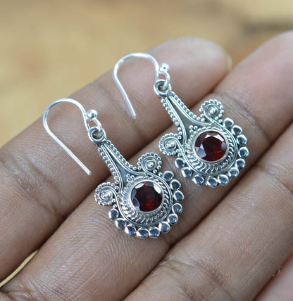 Red Garnet Hook 925 Sterling Silver Earring