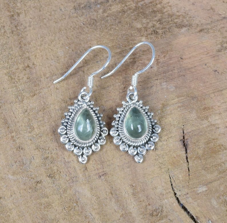 Natural Green Prehnite Hook 925 Sterling Silver Earring