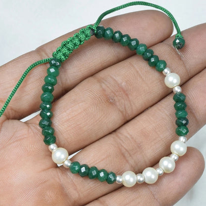 Cut Green Emerald 925 Sterling Silver Pearl Gemstone Beaded Bracelet