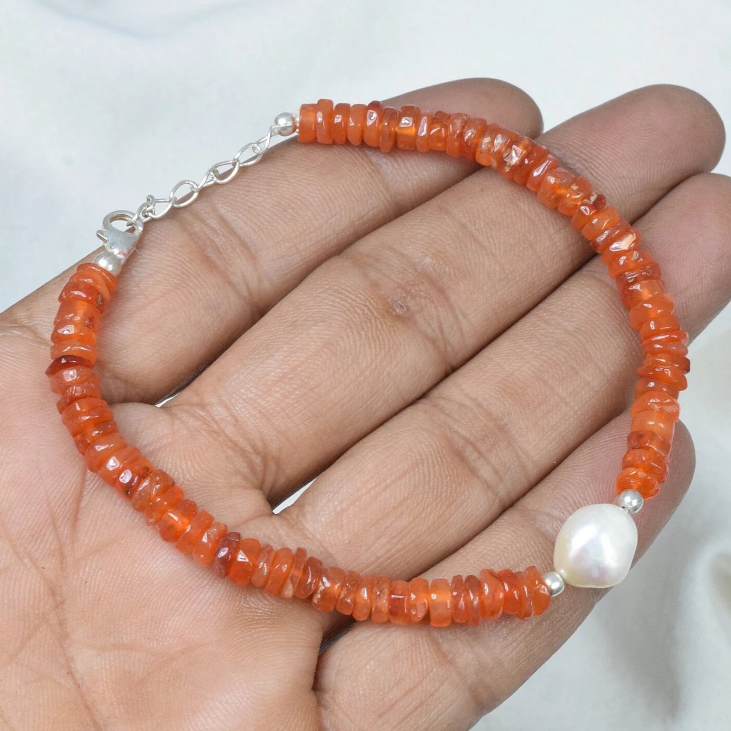 Rough Red Carnelian 925 Sterling Silver Pearl Gemstone Beaded Bracelet