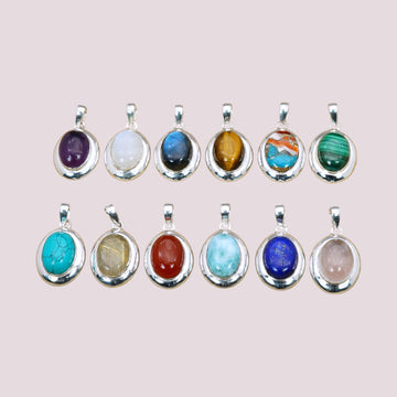 925 Sterling Silver Natural Gemstone Oval Cabochon Pendant