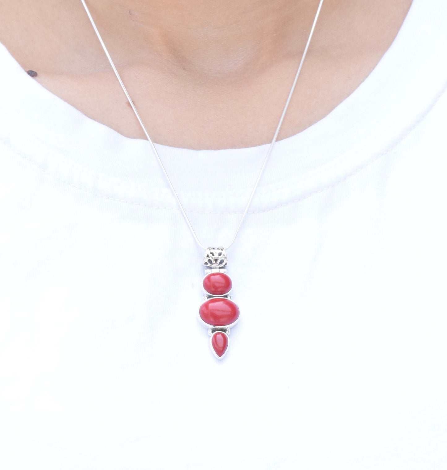 Red Coral 925 Sterling Silver Gemstone Necklace