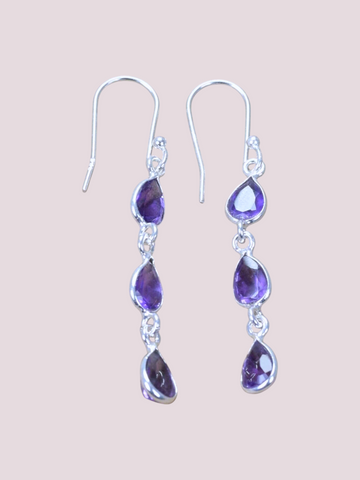 925 Sterling Silver Natural Gemstone 3 stone Hook Earring