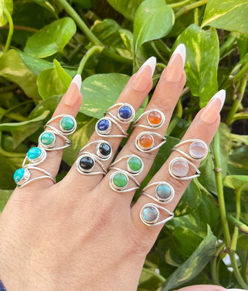 925 Sterling Silver Natural Double Round Gemstone Adjustable Ring