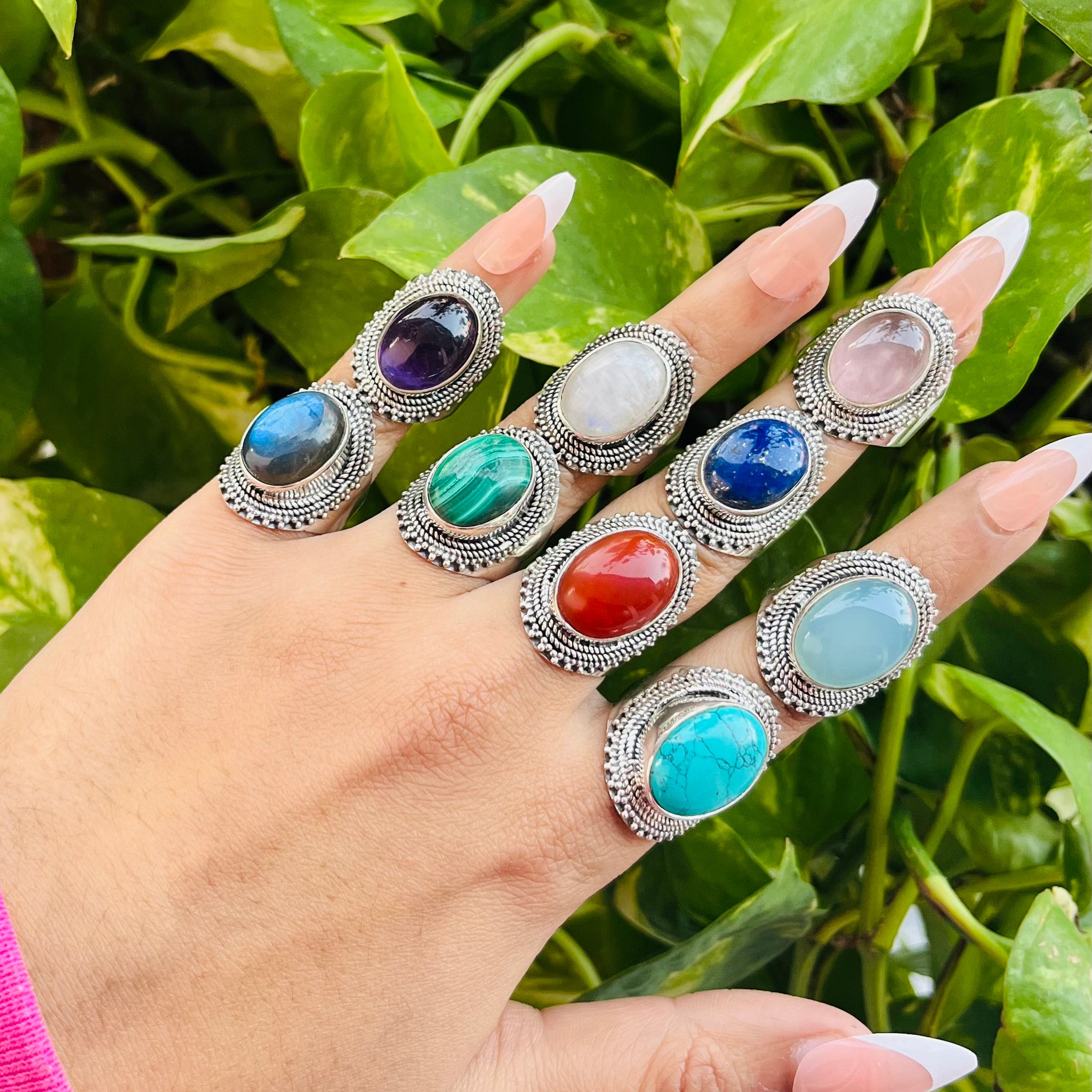 925 Sterling Silver Natural Gemstone Detailed Oval Frame Ring