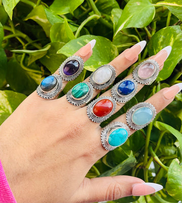 925 Sterling Silver Natural Gemstone Detailed Oval Frame Ring