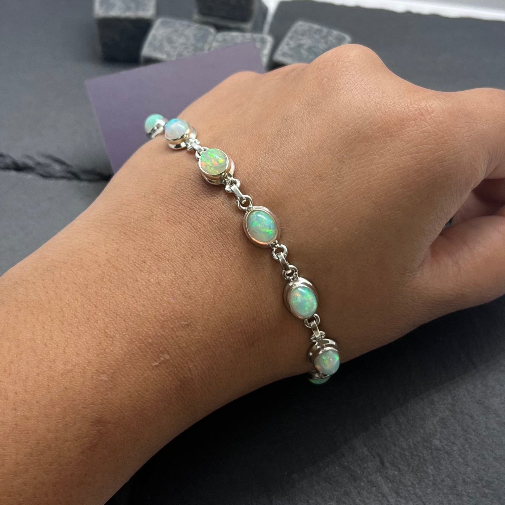Natural Ethiopian Opal 925 Sterling Silver Gemstone Bracelet