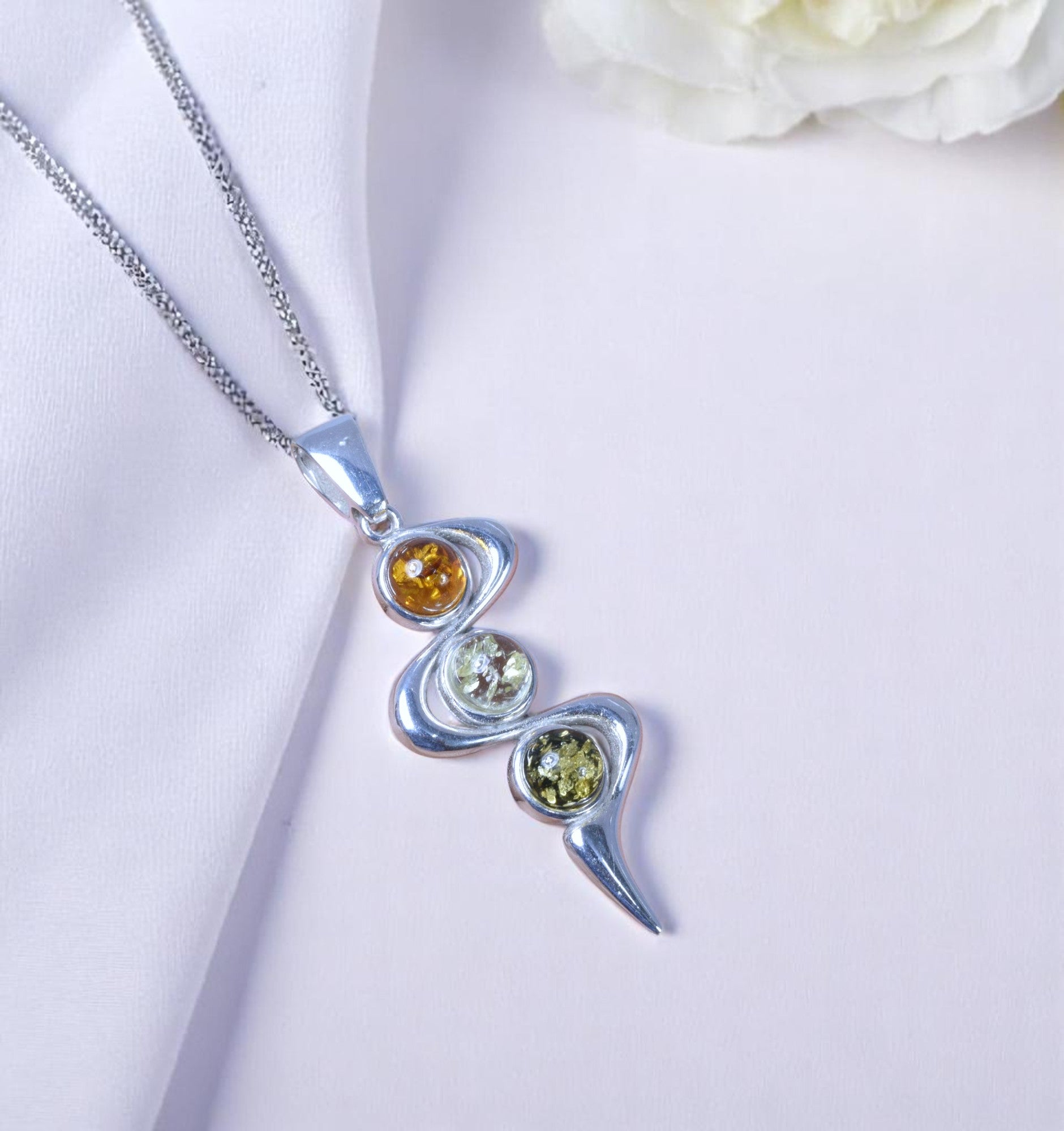 Multi Baltic Amber 925 Sterling Silver Wave Pendant – Modern Three-Stone Design