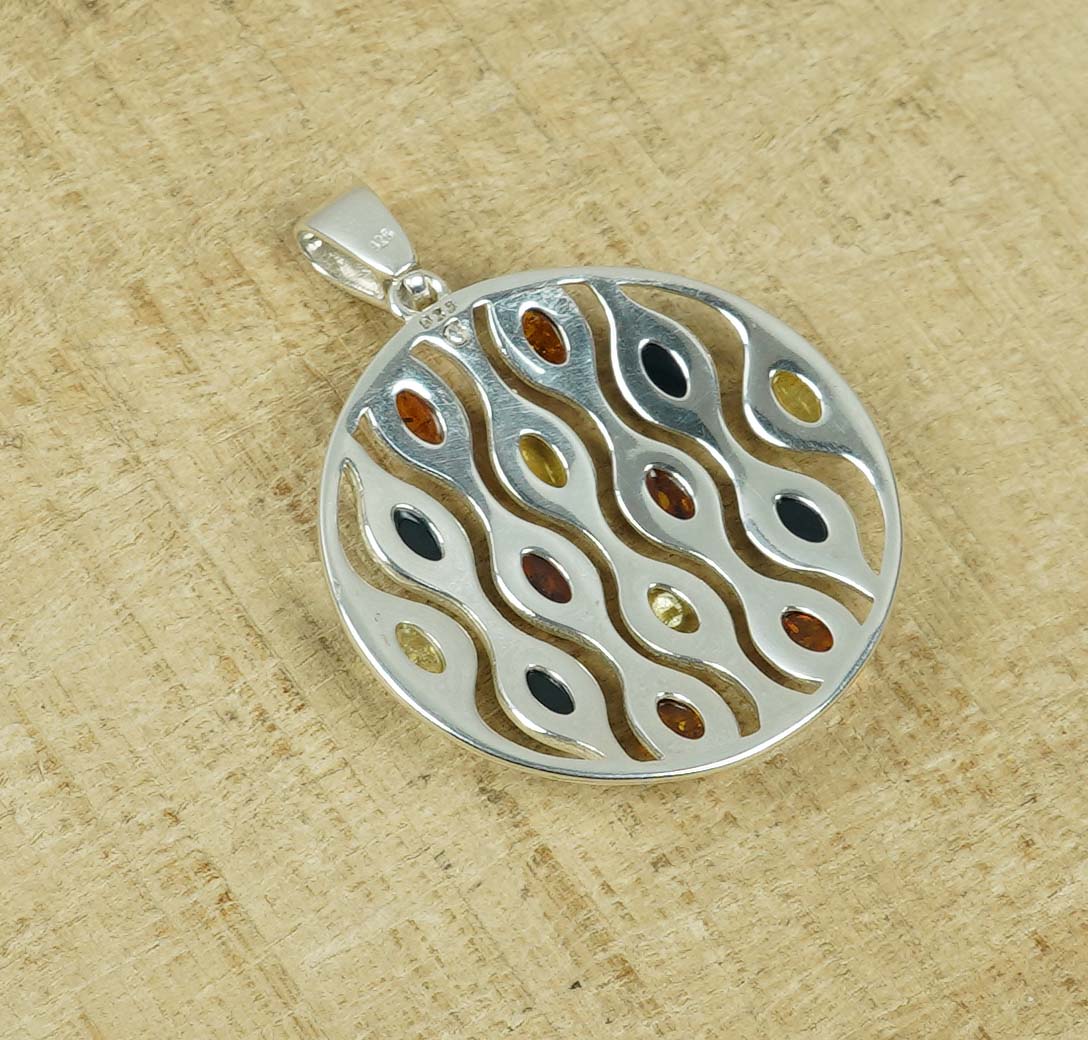 Multi Baltic Amber 925 Sterling Silver Round Pendant – Mixed Amber Tones