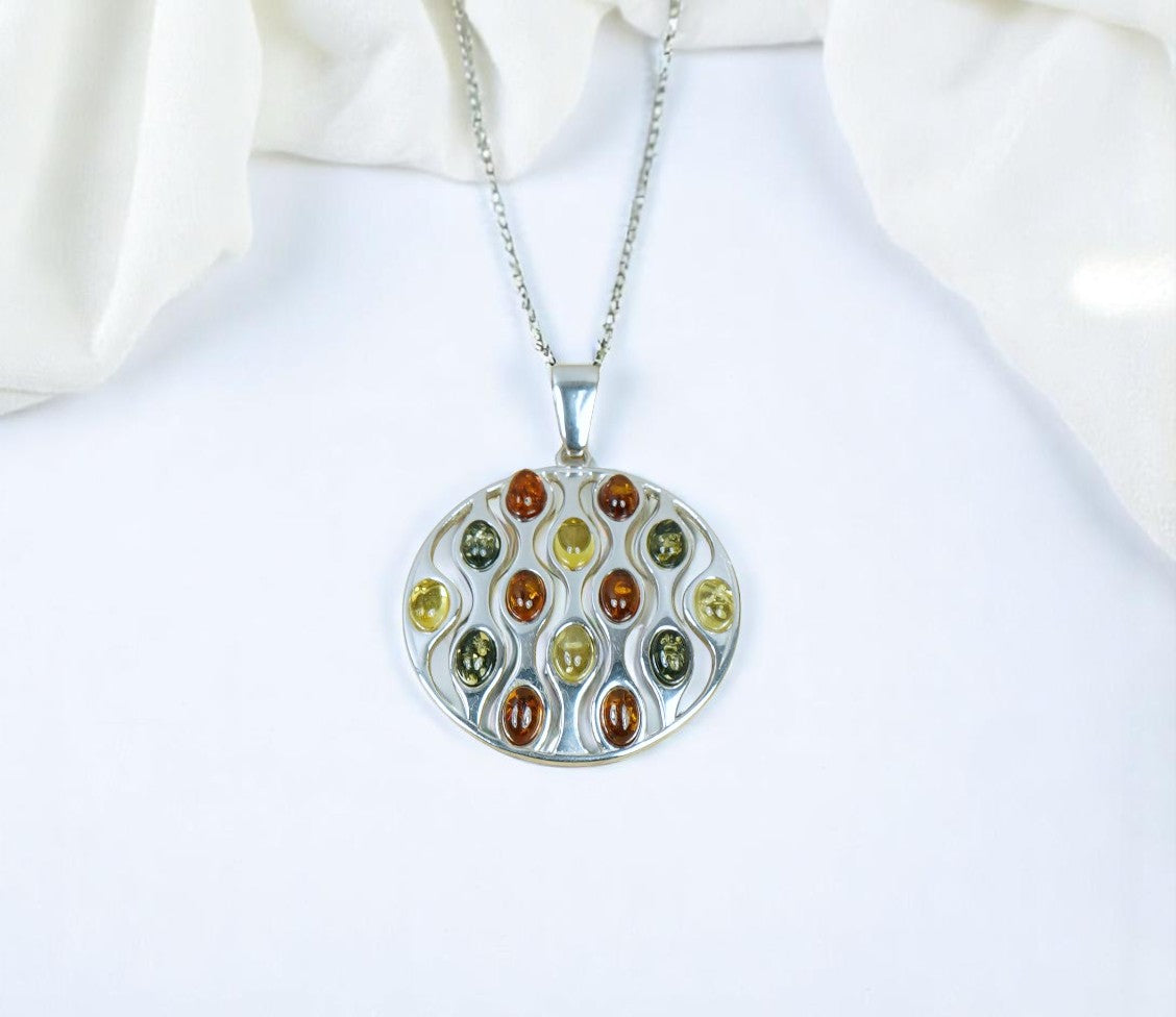Multi Baltic Amber 925 Sterling Silver Round Pendant – Mixed Amber Tones