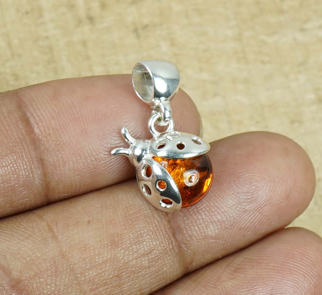 Baltic Amber 925 Sterling Silver Ladybug Charm Pendant