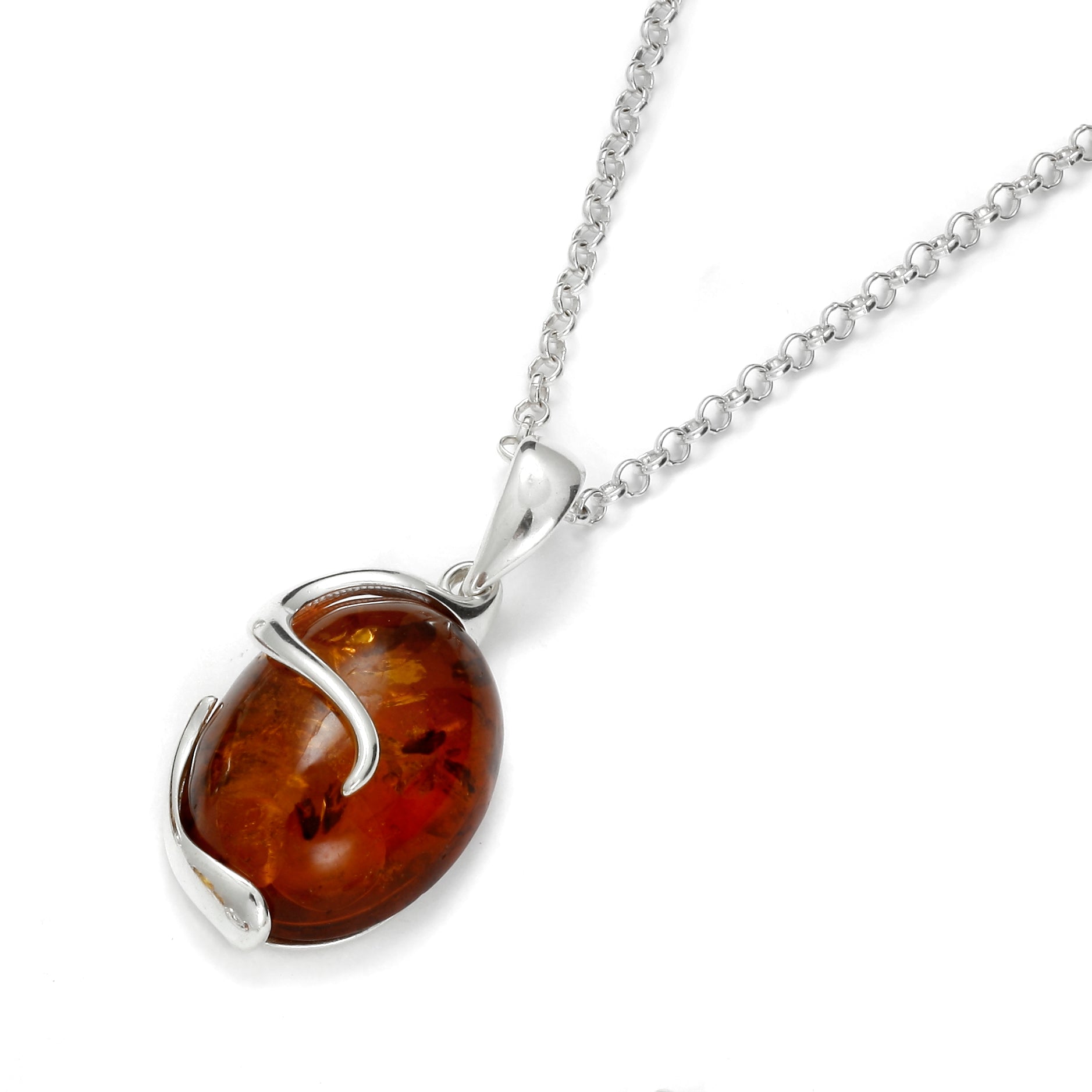 Baltic Amber 925 Sterling Silver Pendant – Oval Gemstone with Elegant Swirl Design
