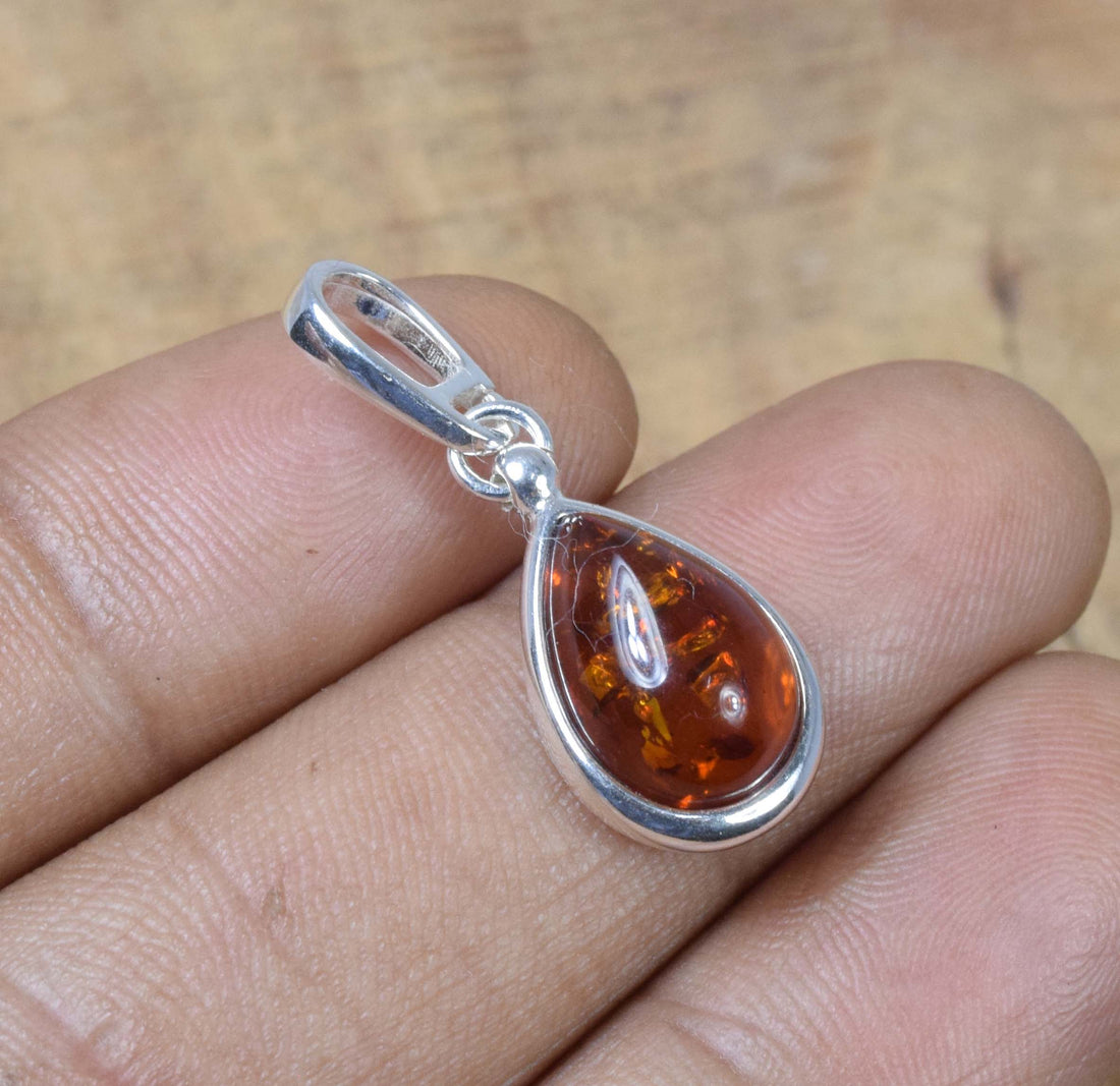 Baltic Amber 925 Sterling Silver Teardrop Pendant – Natural Gemstone Jewelry