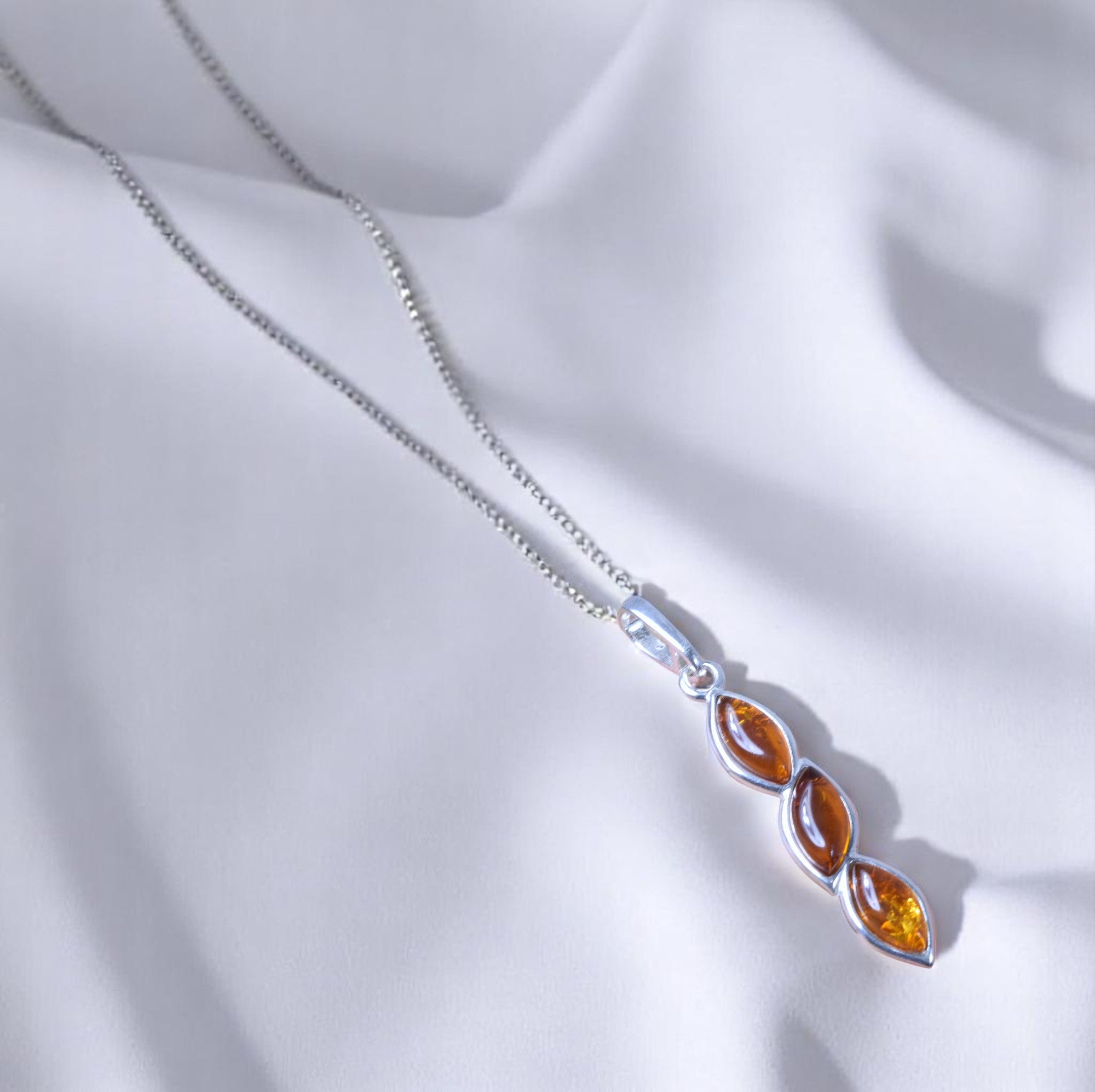 Baltic Amber 925 Sterling Silver Marquise Trio Pendant Necklace
