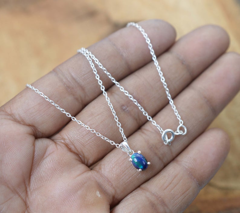 925 Sterling Silver Natural Gemstone Oval Shape Chain Pendant