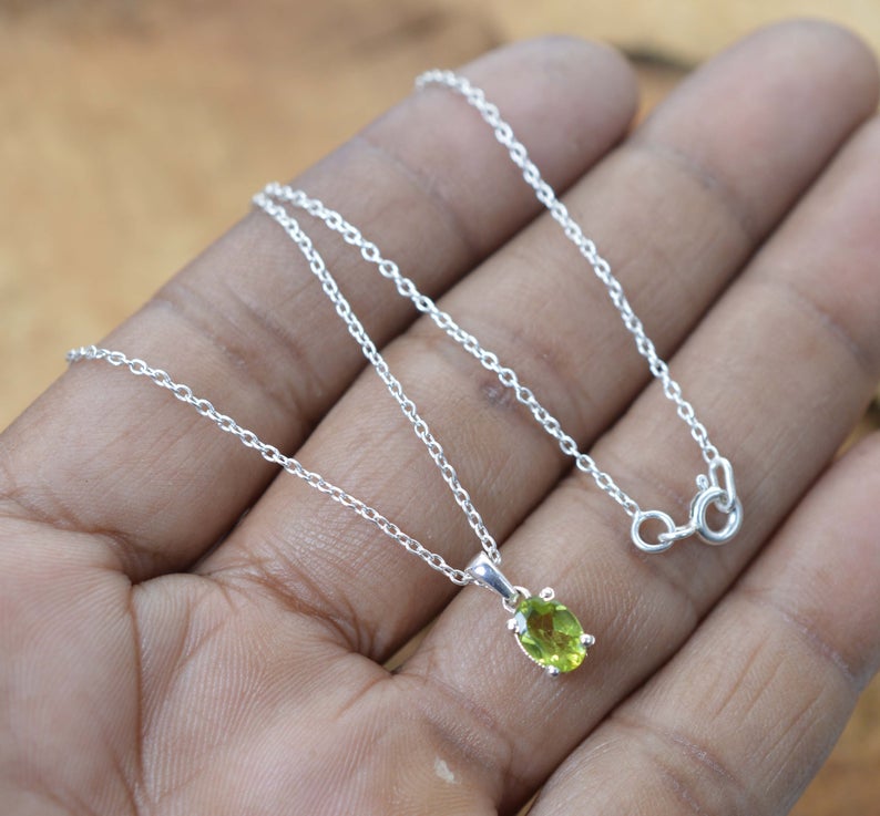 925 Sterling Silver Natural Gemstone Oval Shape Chain Pendant