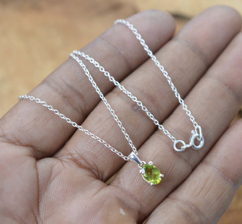 925 Sterling Silver Natural Gemstone Oval Shape Chain Pendant