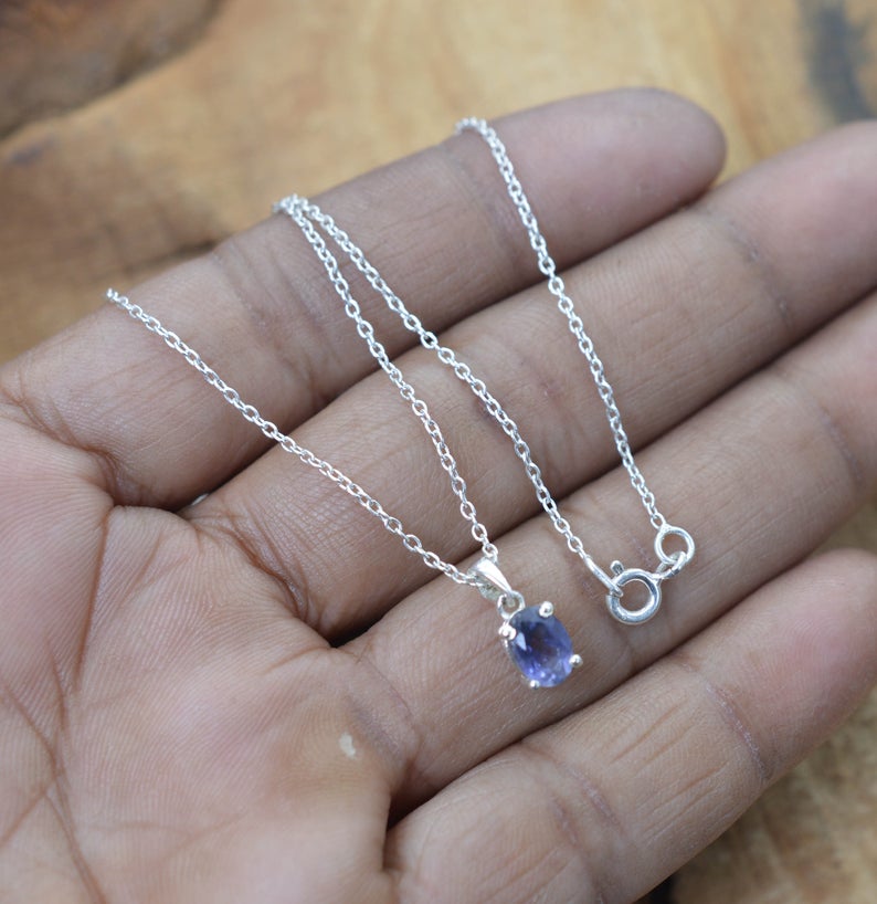 925 Sterling Silver Natural Gemstone Oval Shape Chain Pendant