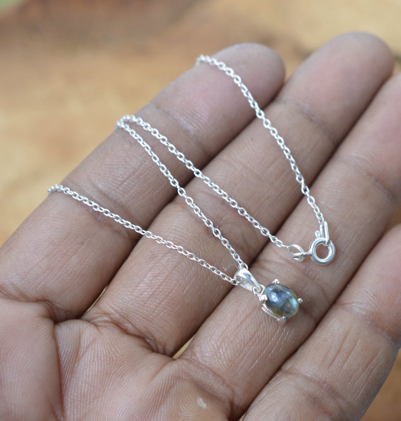 925 Sterling Silver Natural Gemstone Oval Shape Chain Pendant
