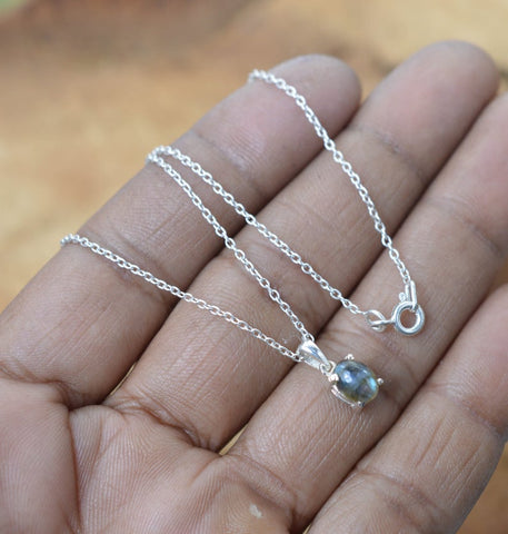 925 Sterling Silver Natural Gemstone Oval Shape Chain Pendant