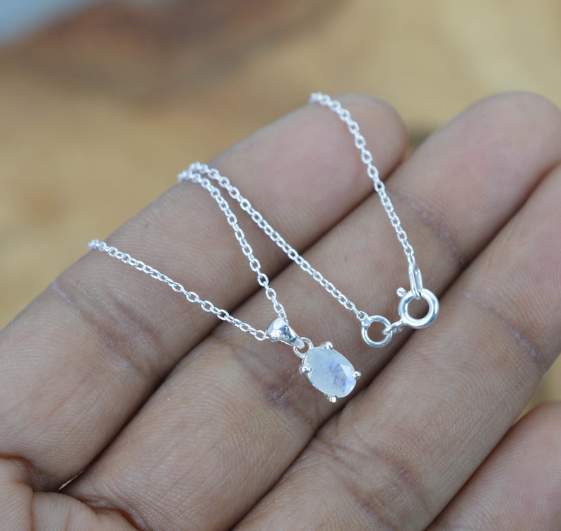 925 Sterling Silver Natural Gemstone Oval Shape Chain Pendant