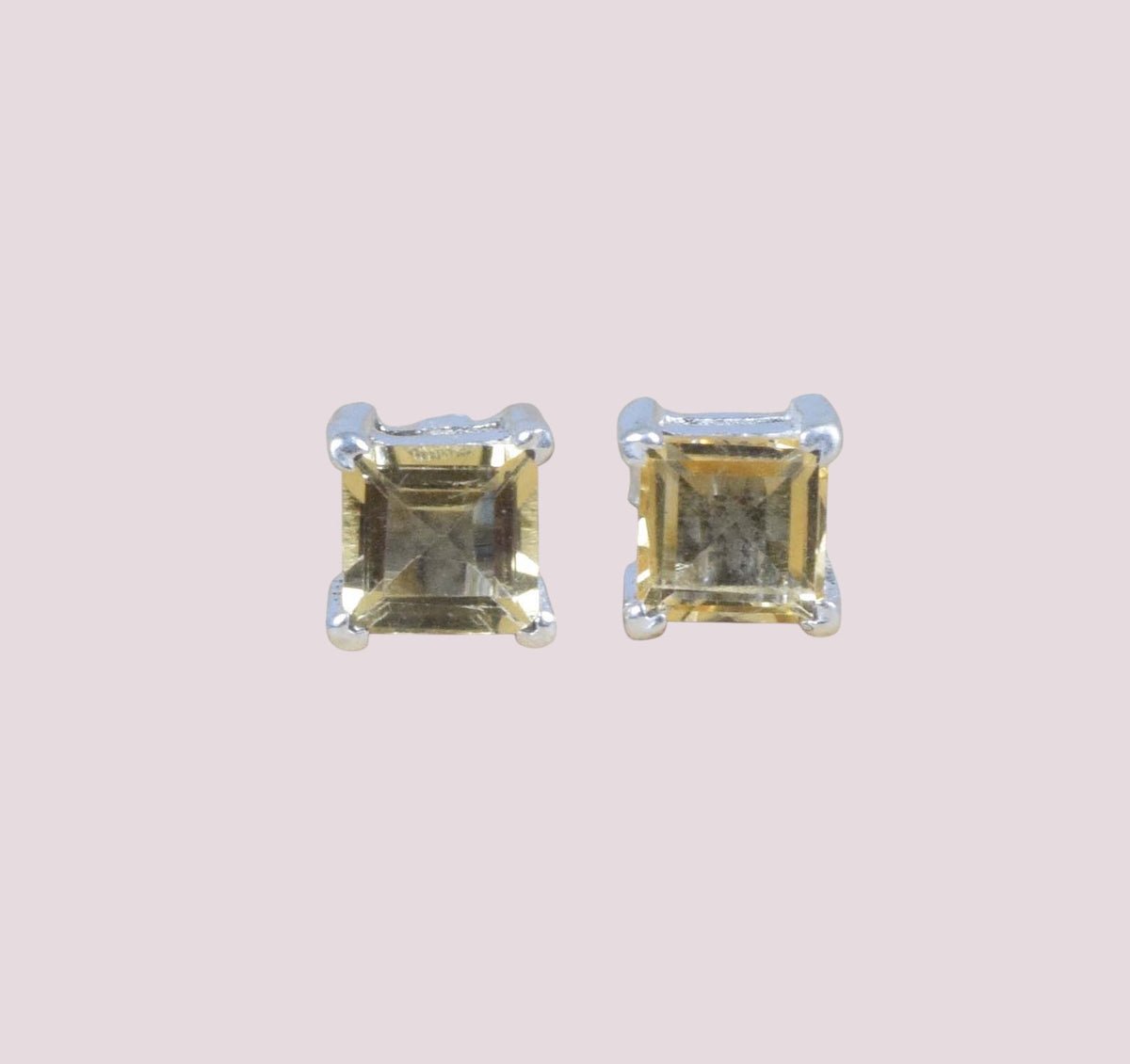 Handmade Square Cut Golden Citrine Gemstone Silver Stud Hook Earrings - Lab Created, Silver Plated