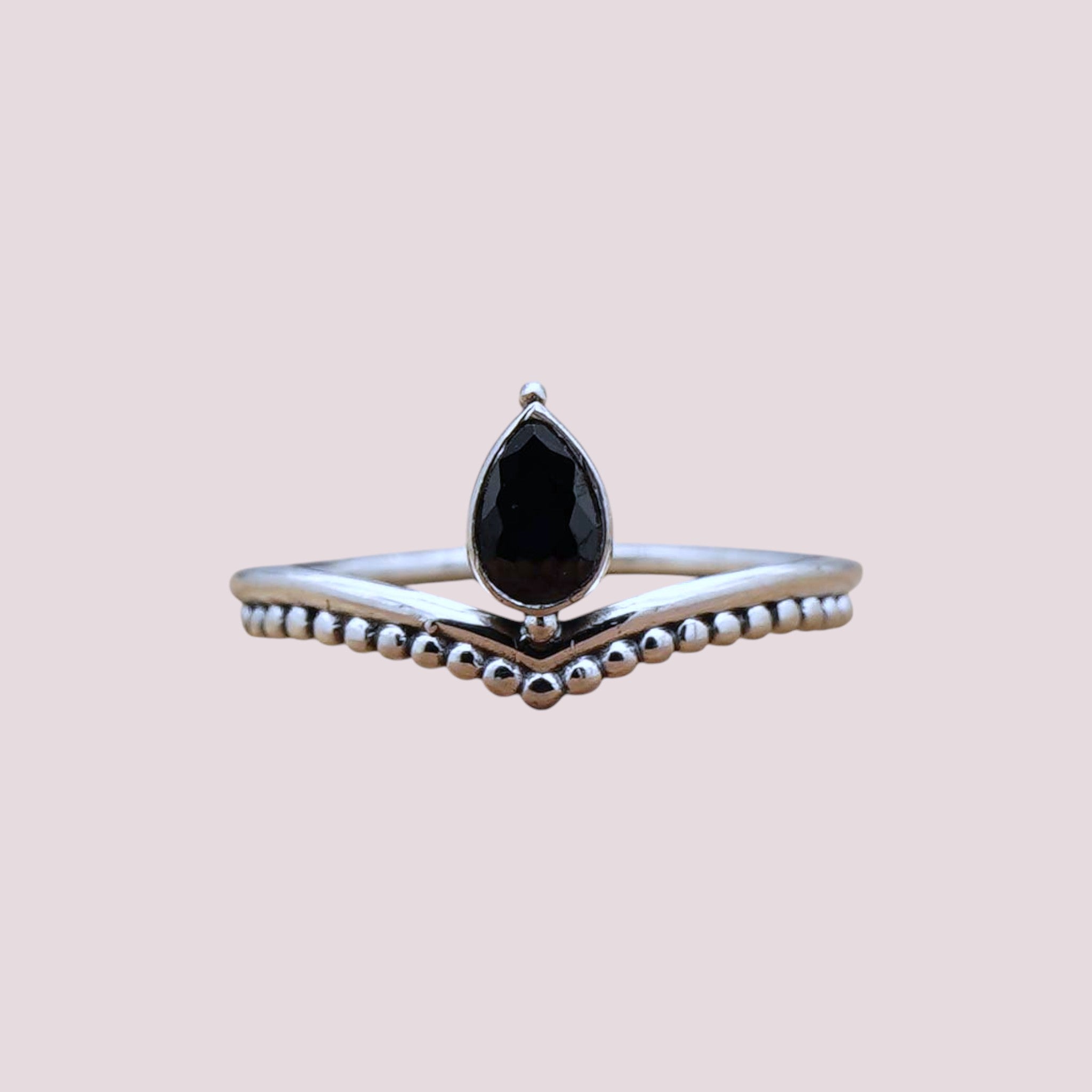 Faceted 925 Sterling Silver Teardrop Ring with Stacking Beaded Band