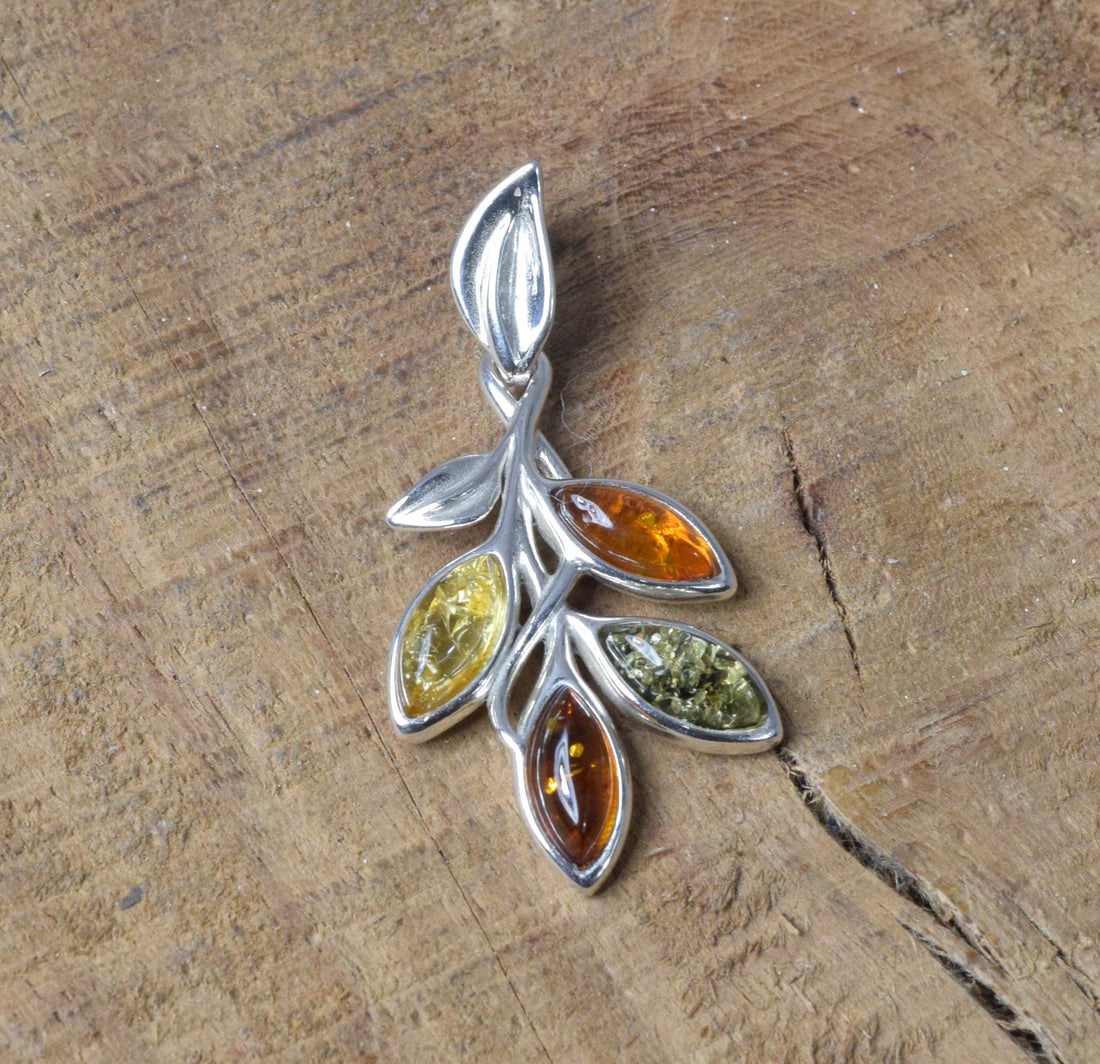 Multi Baltic Amber 925 Sterling Silver Leaf Branch Pendant