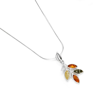 Multi Baltic Amber 925 Sterling Silver Leaf Branch Pendant