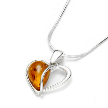 Baltic Amber 925 Sterling Silver Open Heart Cognac Gemstone Pendant