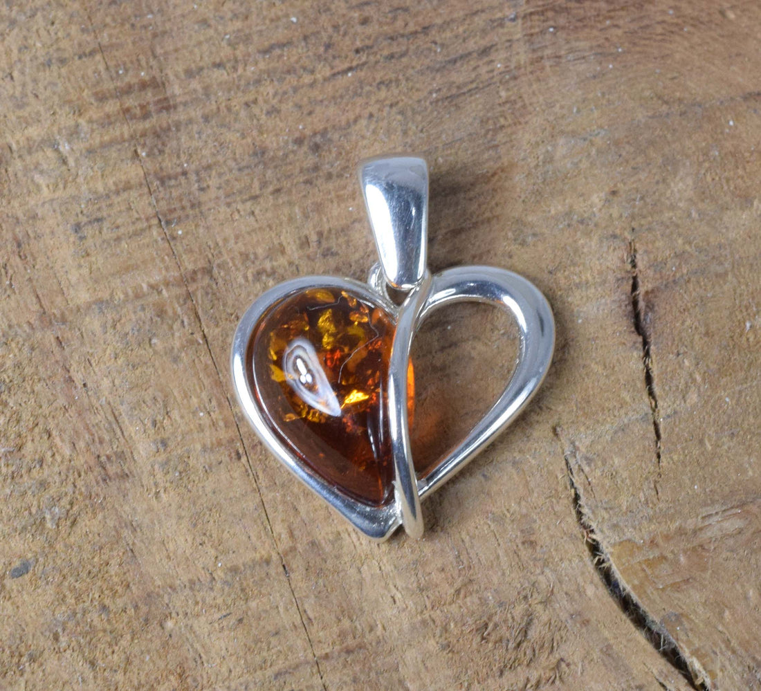Baltic Amber 925 Sterling Silver Open Heart Cognac Gemstone Pendant