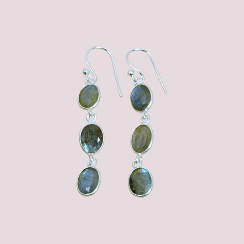 Faceted 925 Sterling Silver Natural Gemstone 3 Stone Hook Earring