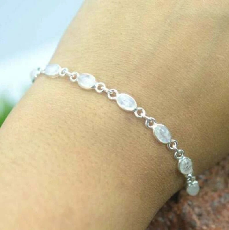 Rainbow Moonstone 925 Sterling Silver Bezel Bracelet