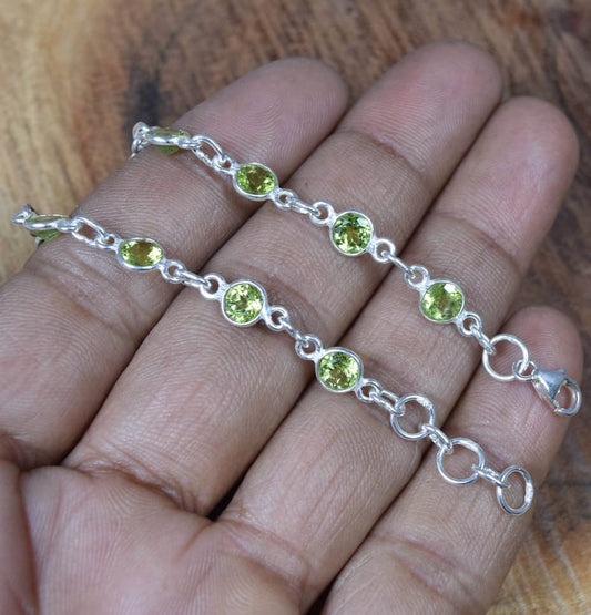 Green Peridot 925 Sterling Silver Bezel Bracelet