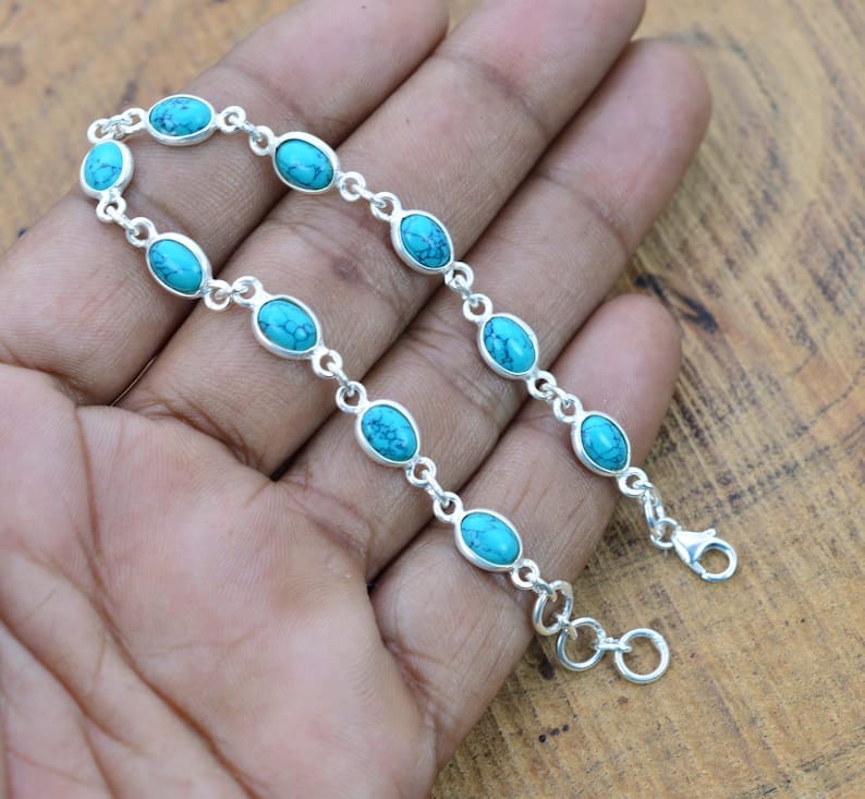 Blue Turquoise 925 Sterling Silver Bezel Bracelet