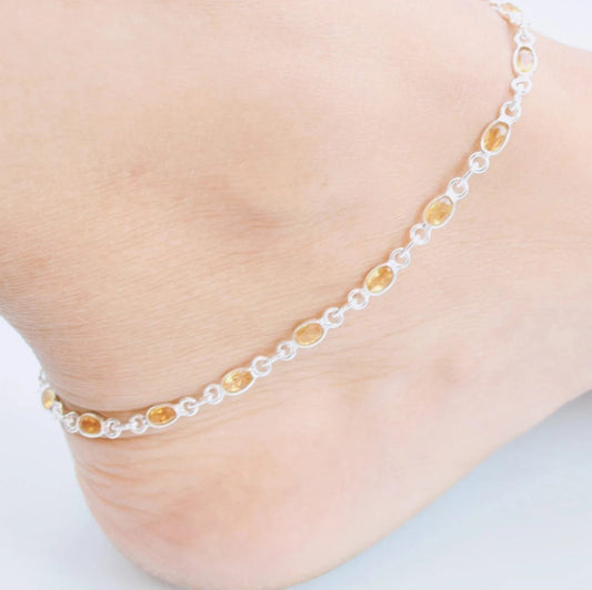 Yellow Citrine Anklet 925 Sterling Silver