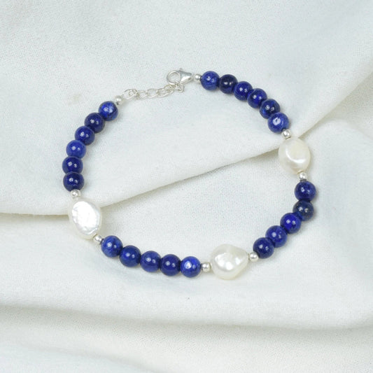 Blue Lapis Lazuli 925 Sterling Silver Beaded Gemstone Pearl Bracelet