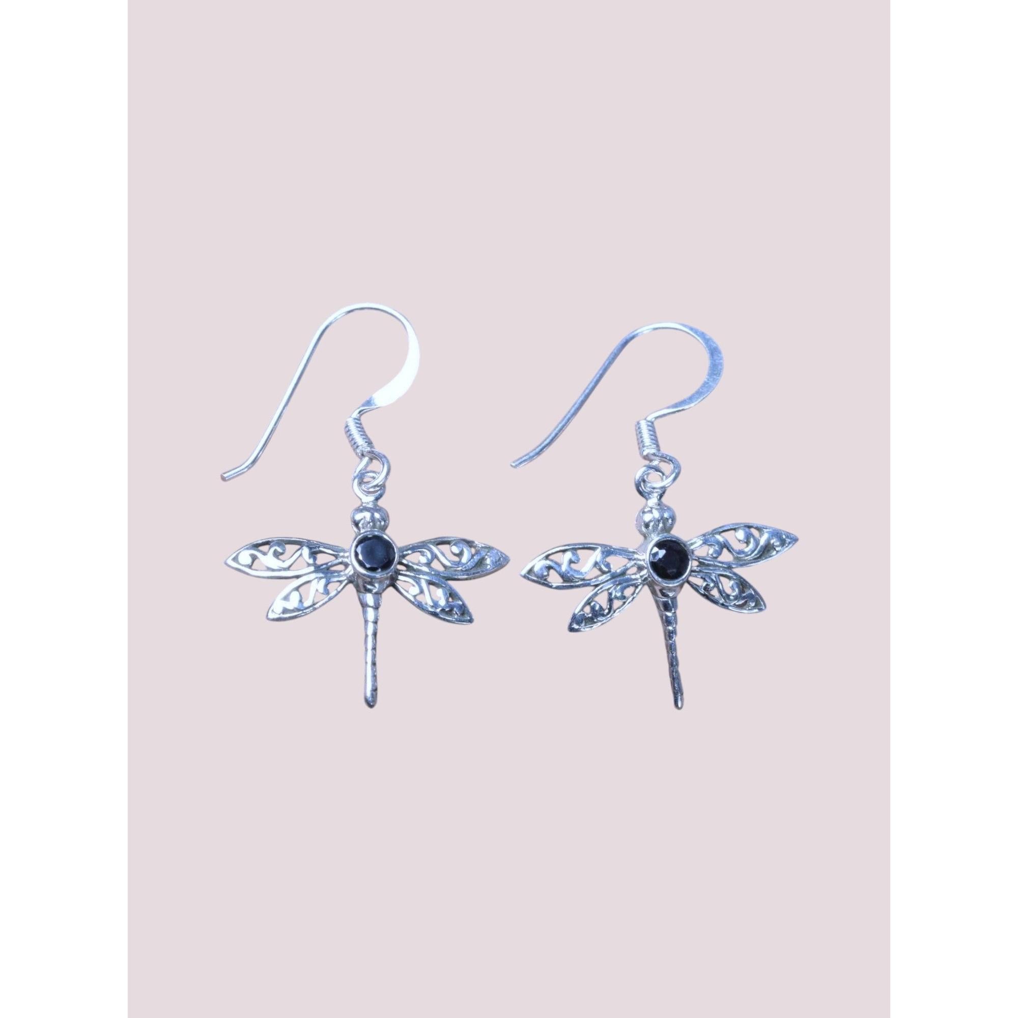 925 Sterling Silver Natural Gemstone DrangonFly Design Hook Earring