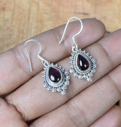 Red Garnet Hook 925 Sterling Silver Earring