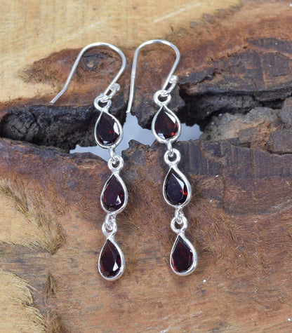 Cut Red Garnet Hook 925 Sterling Silver Earring