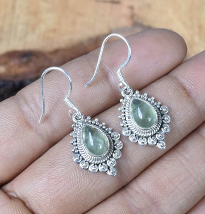 Natural Green Prehnite Hook 925 Sterling Silver Earring