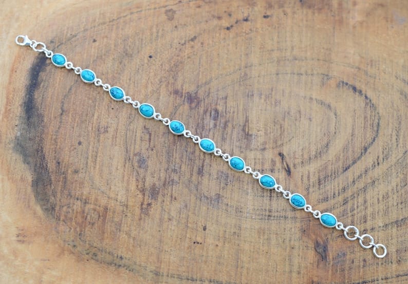 Blue Turquoise 925 Sterling Silver Bezel Bracelet