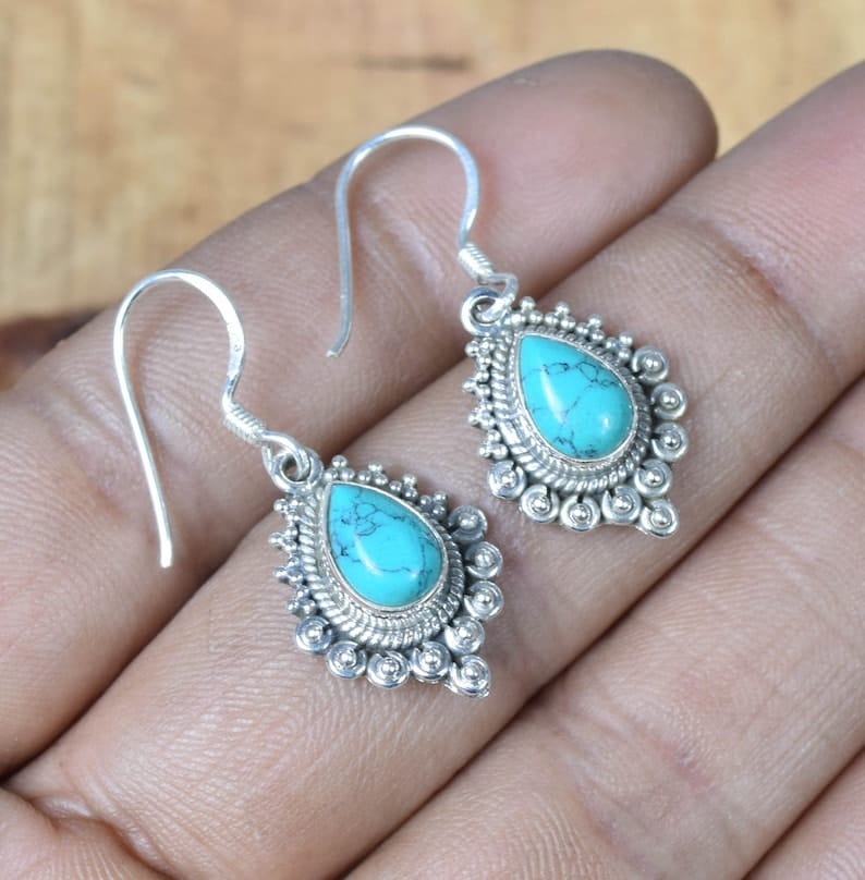 Blue Turquoise Hook 925 Sterling Silver Earring