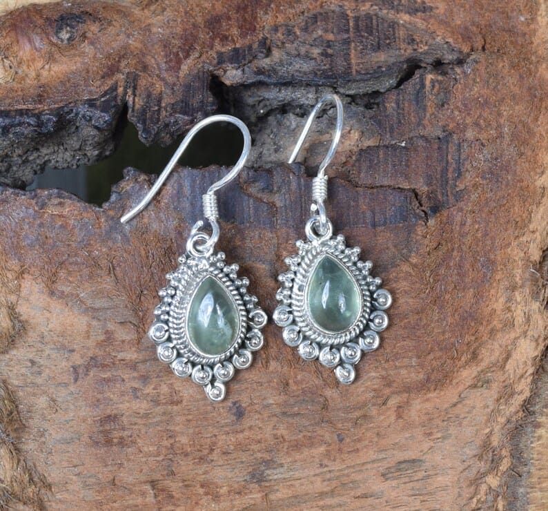 Natural Green Prehnite Hook 925 Sterling Silver Earring