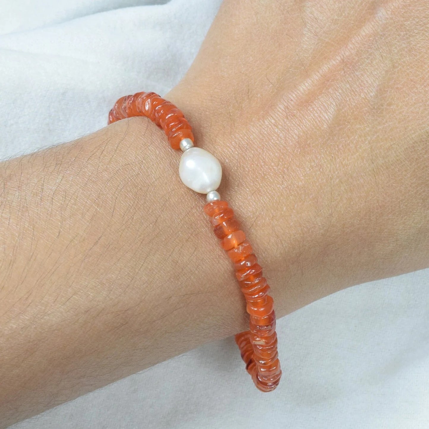 Rough Red Carnelian 925 Sterling Silver Pearl Gemstone Beaded Bracelet