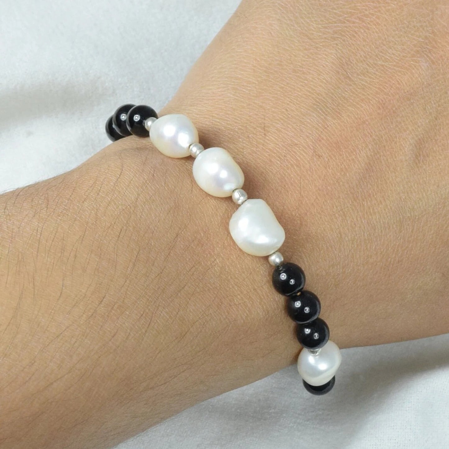 Black Onyx 925 Sterling Silver Beaded Gemstone Pearl Bracelet Jewelry