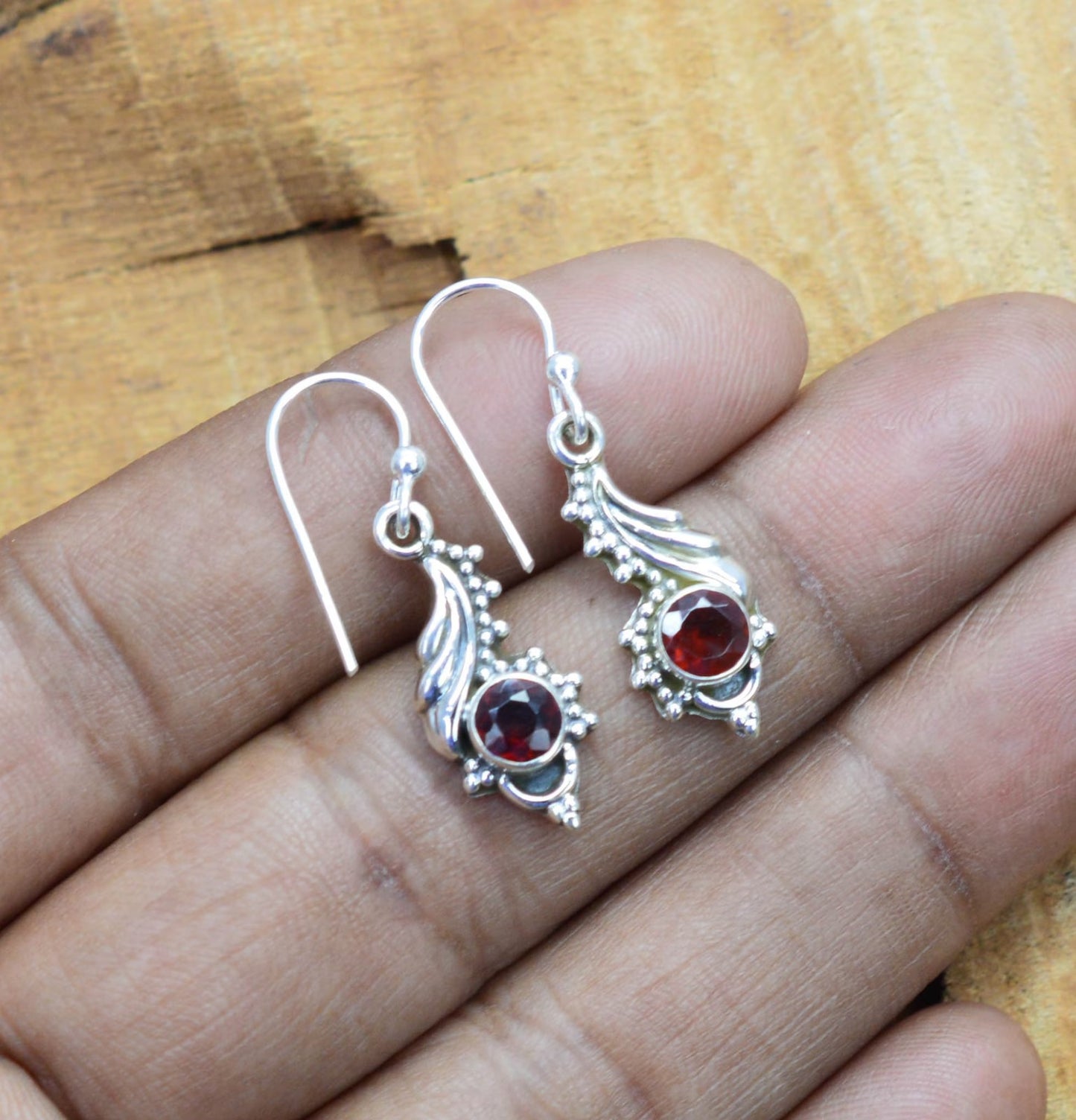 Red Garnet Hook 925 Sterling Silver Earring